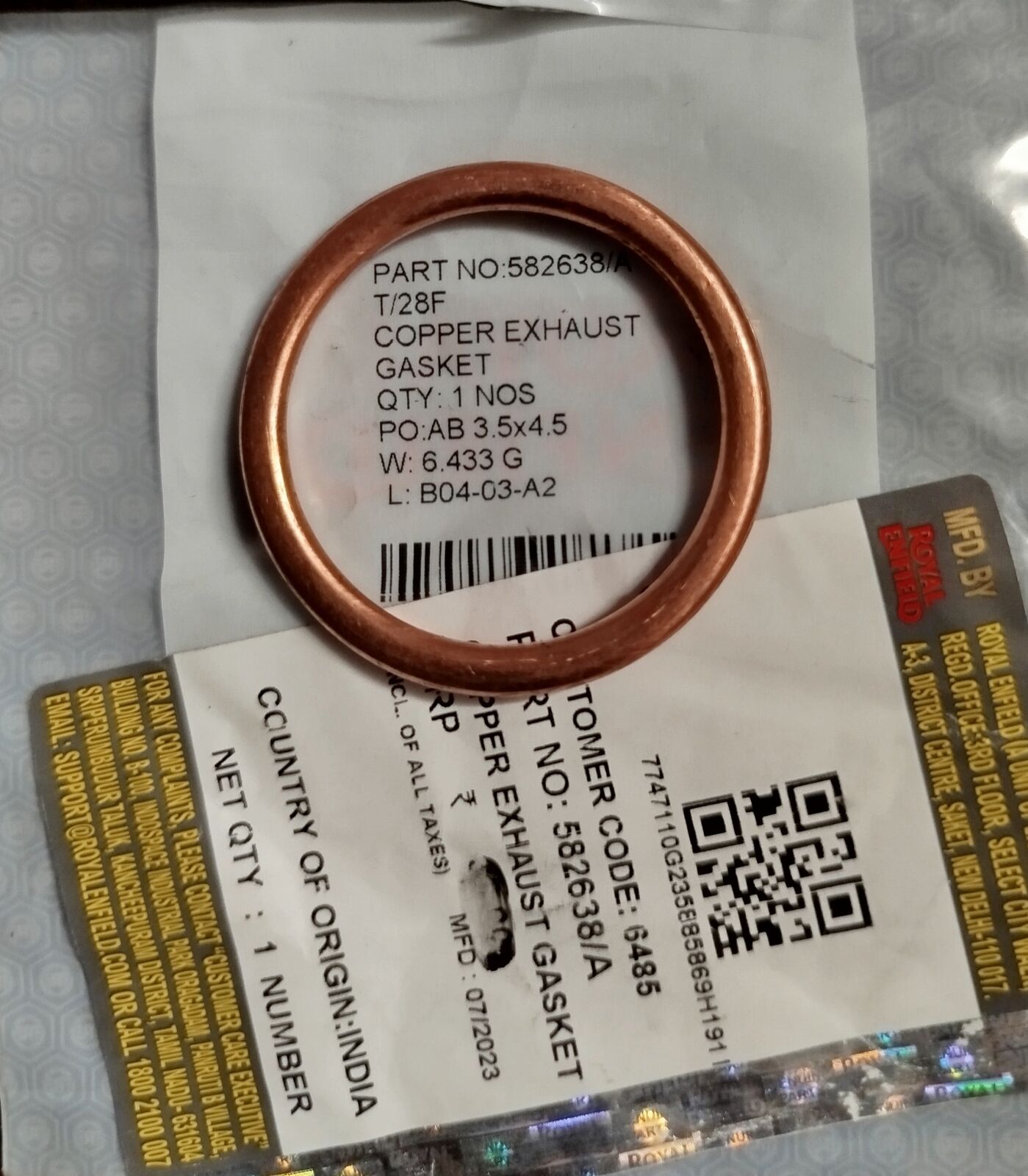 Gasket exhaust- Original Royal Enfield- 582638/A