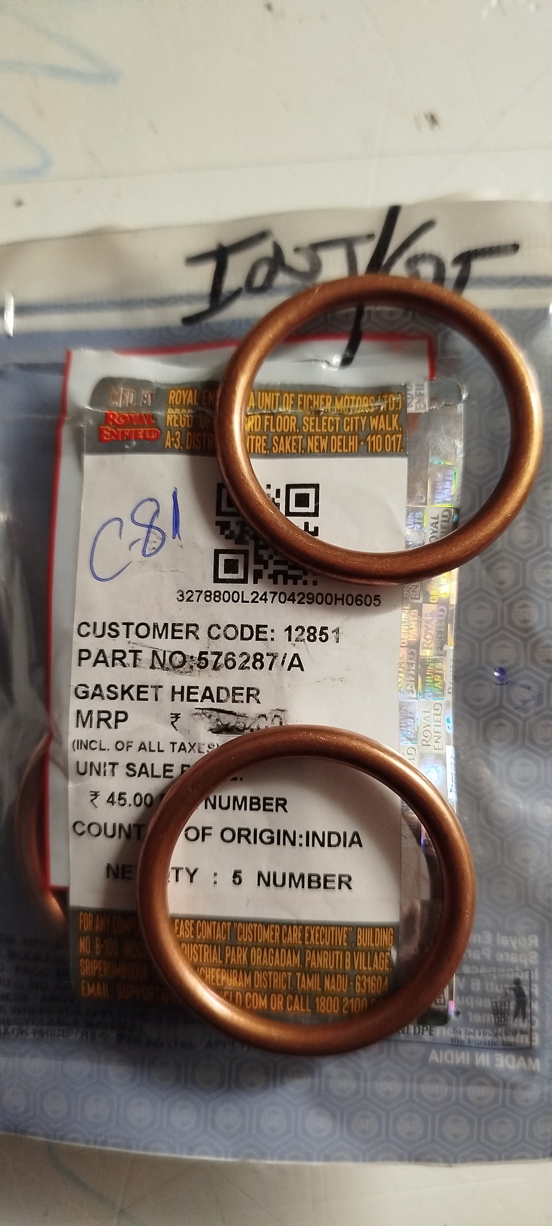 Guarnizione scarico- Originale Royal Enfield- 650Cc- 576287/A