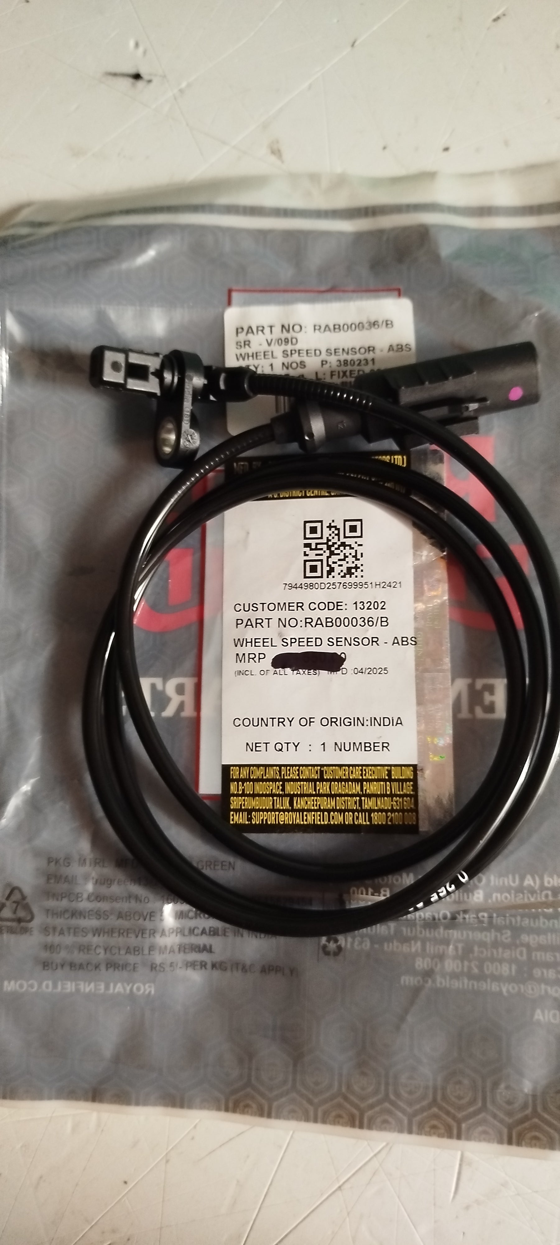 Cavo Sensore ABS 350-650CC originale ROYAL ENFIELD- RAB00036/B - WHEEL SPEED SENSOR - ABS